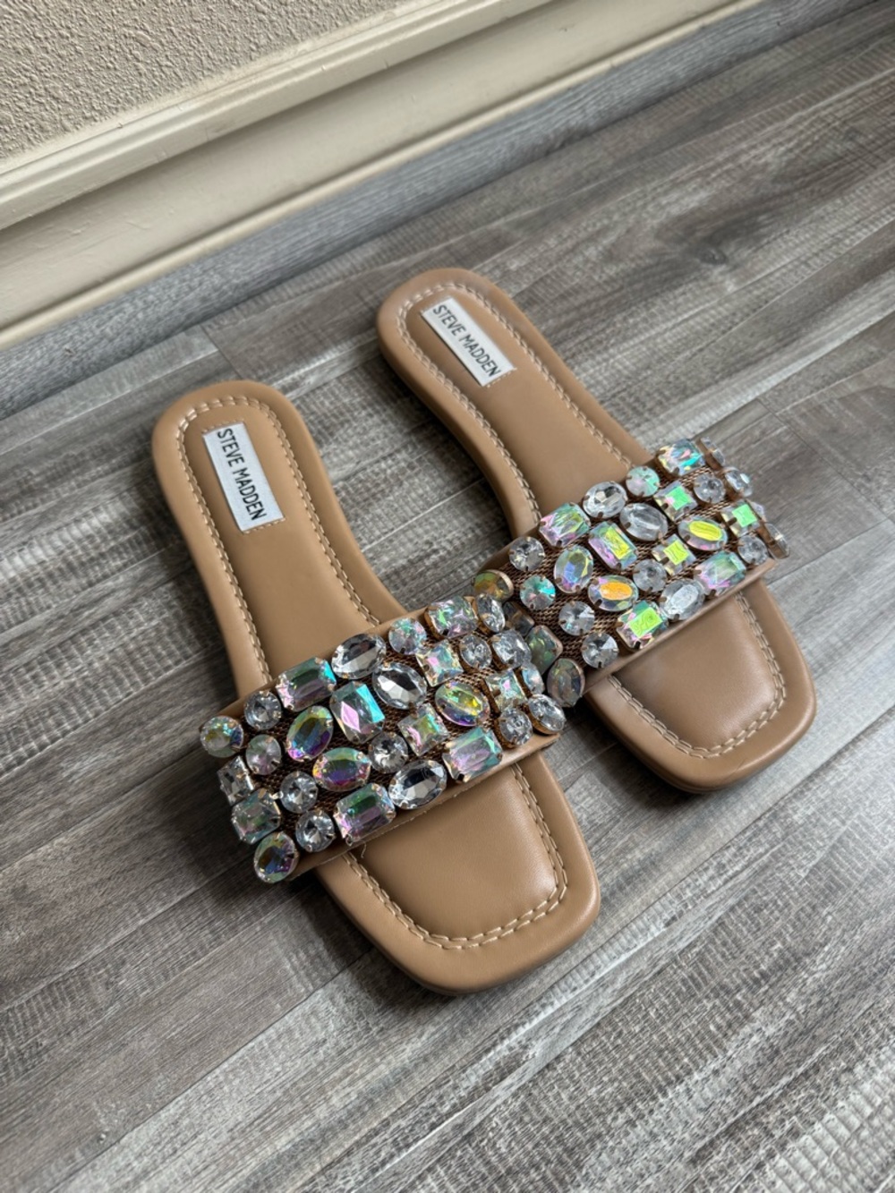 Steve Madden Tan Slide Sandals with Multicolor Iridescent Gems